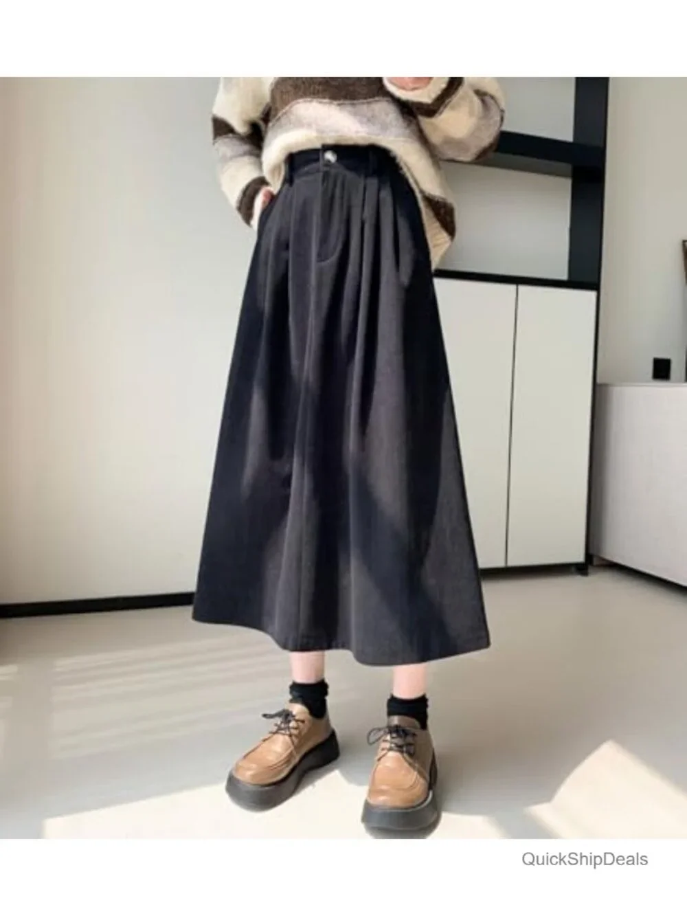 Women's Vintage Corduroy A-Line Skirt High Waist Pleated Midi with Pockets